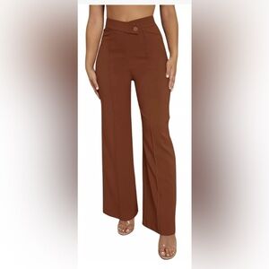 SweatyRocks Women's Overlap Waist Seam Front Wide Leg Pants Rust Brown Size XL